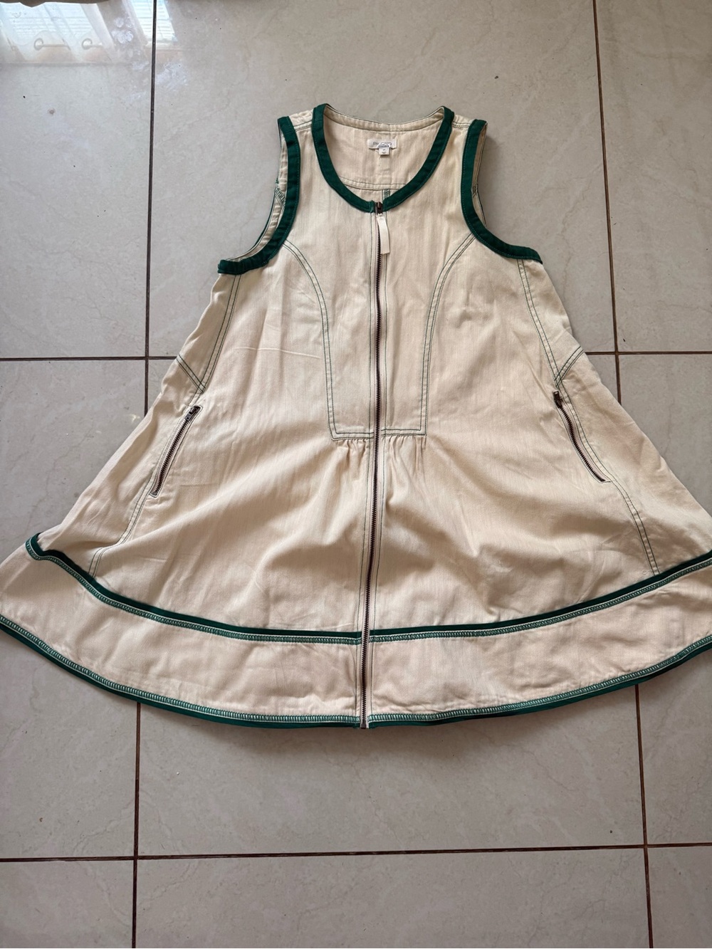 Pilcro by Anthropologie XS Ivory Denim Sleeveless Zip Front A-Line Dress Green